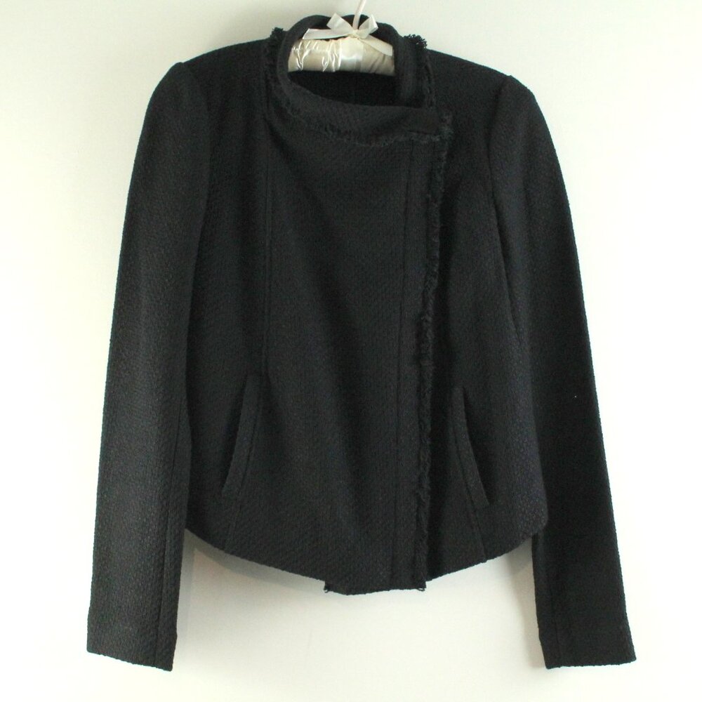 Vince Black Woven Cotton Blend Fringed Trim Asymmetrical Front Zip Jacket S